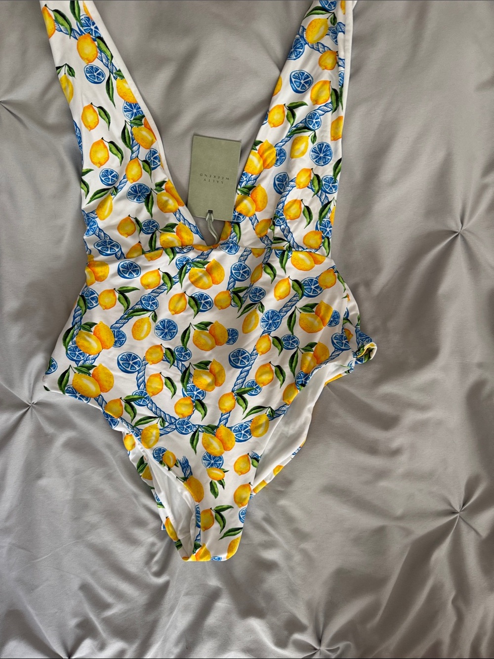Salty weekend Swim White One-Piece with Yellow Lemon & Blue Citrus Print
